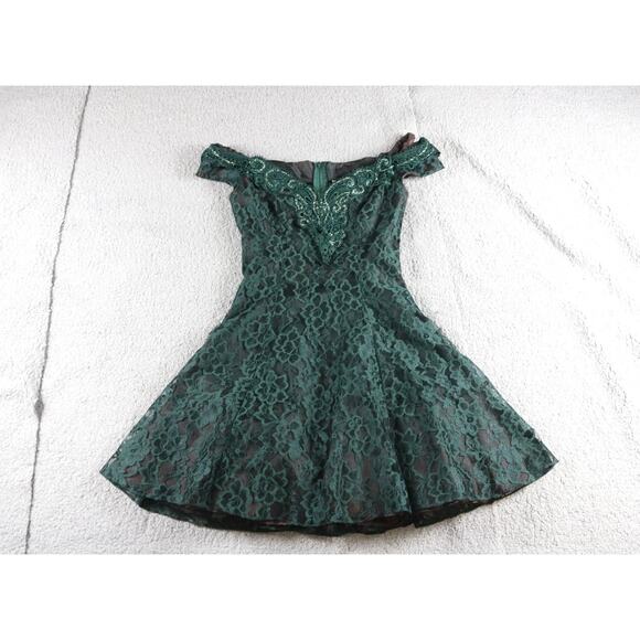 Zum Zum Dress Vintage Green Floral XS Small Off The Shoulder Sequin Mini Zip Up - Picture 1 of 6